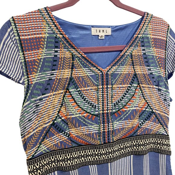 THML Blue Striped Embroidered Boho Cap Sleeve‎ Dress Size M - Picture 3 of 9